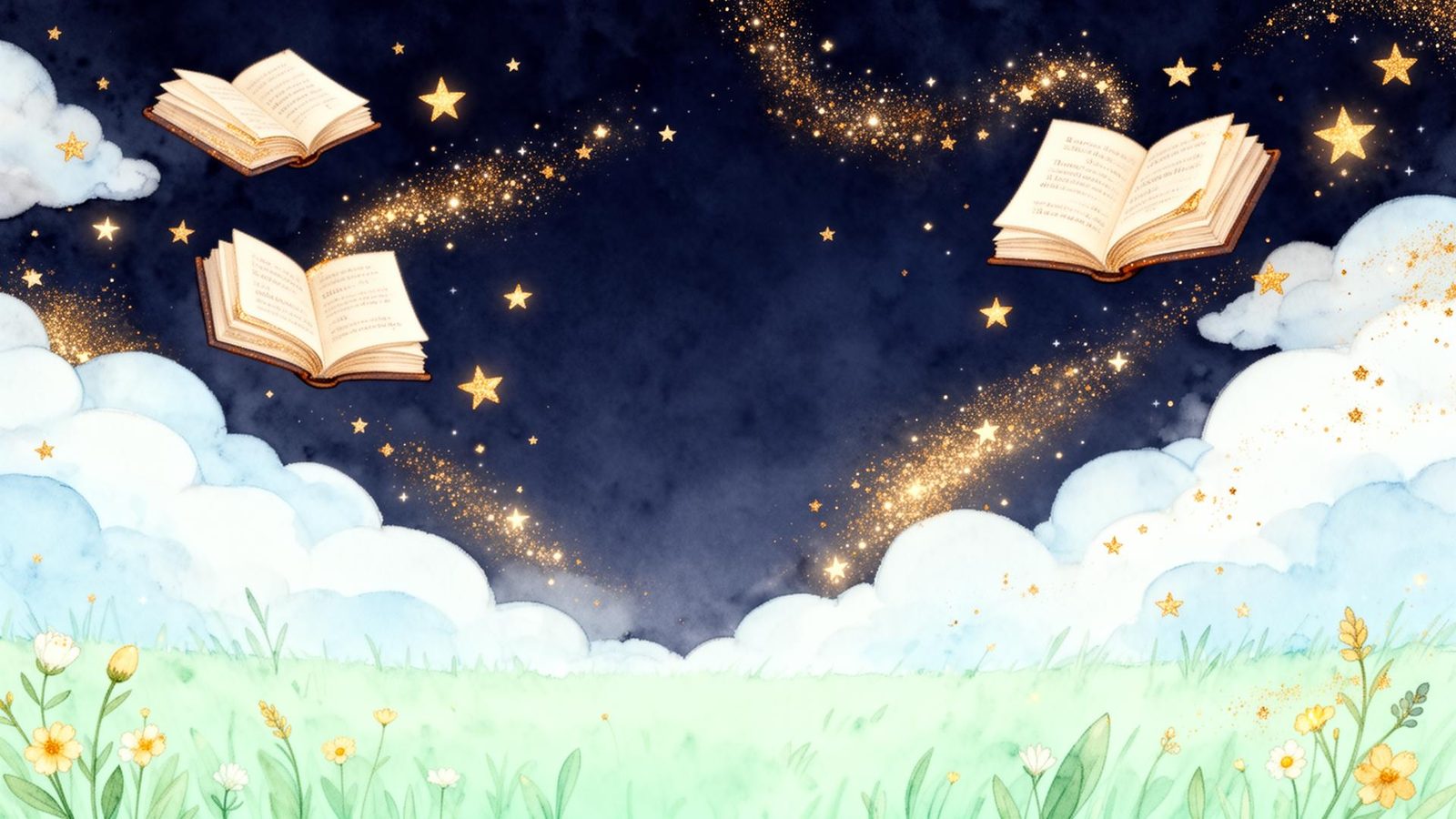 Magical storybook scene with floating books and stars